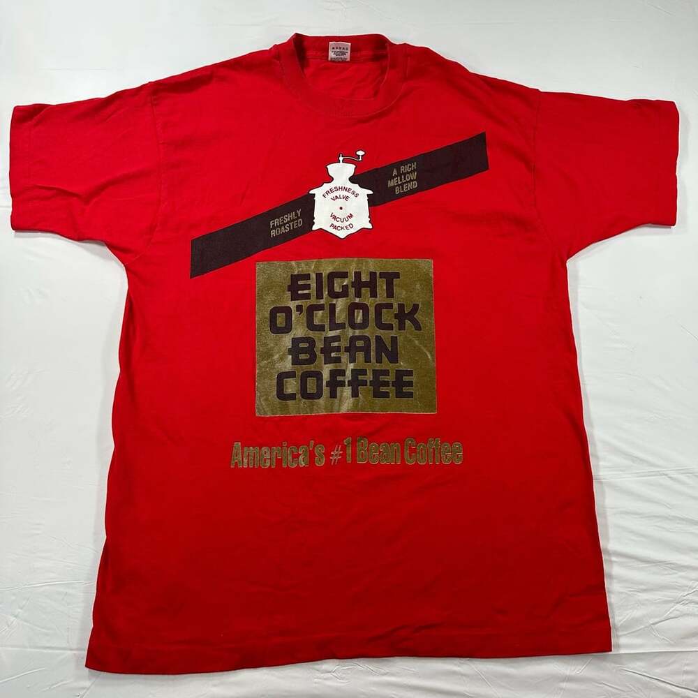 Vintage 90s Eight O'Clock Bean Coffee T-Shirt XL Red Made in USA Single Stitch